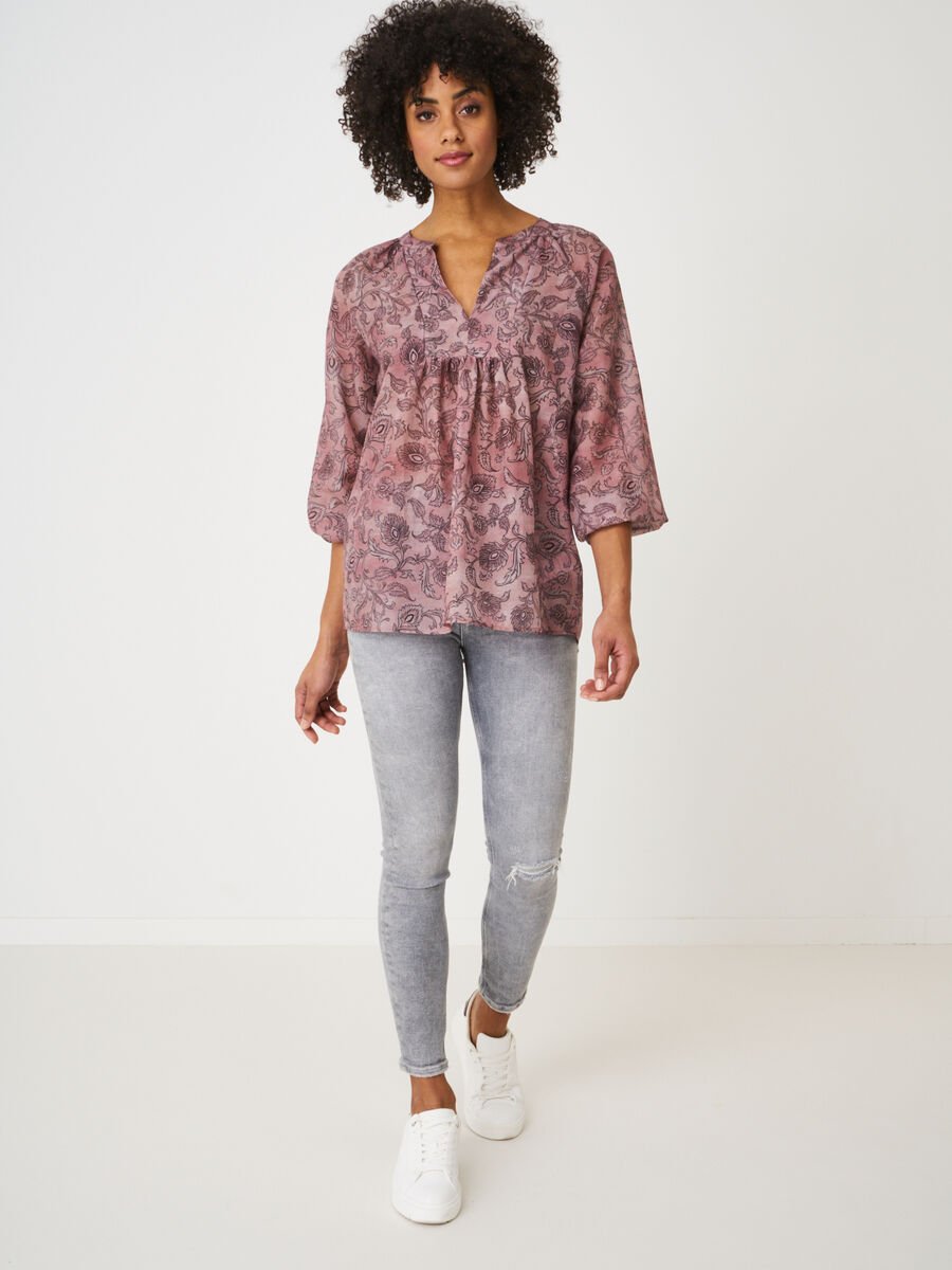 Repeat Cashmere Blouse Met 3/4 Mouwen En Paisley Print