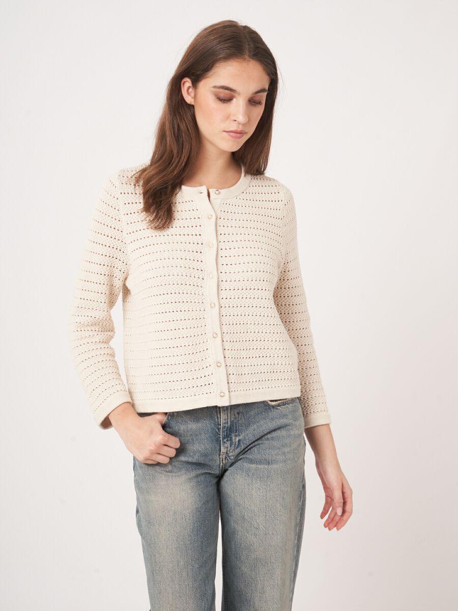 Repeat Cashmere Boxy Ajour Cardigan Met Parelknopen