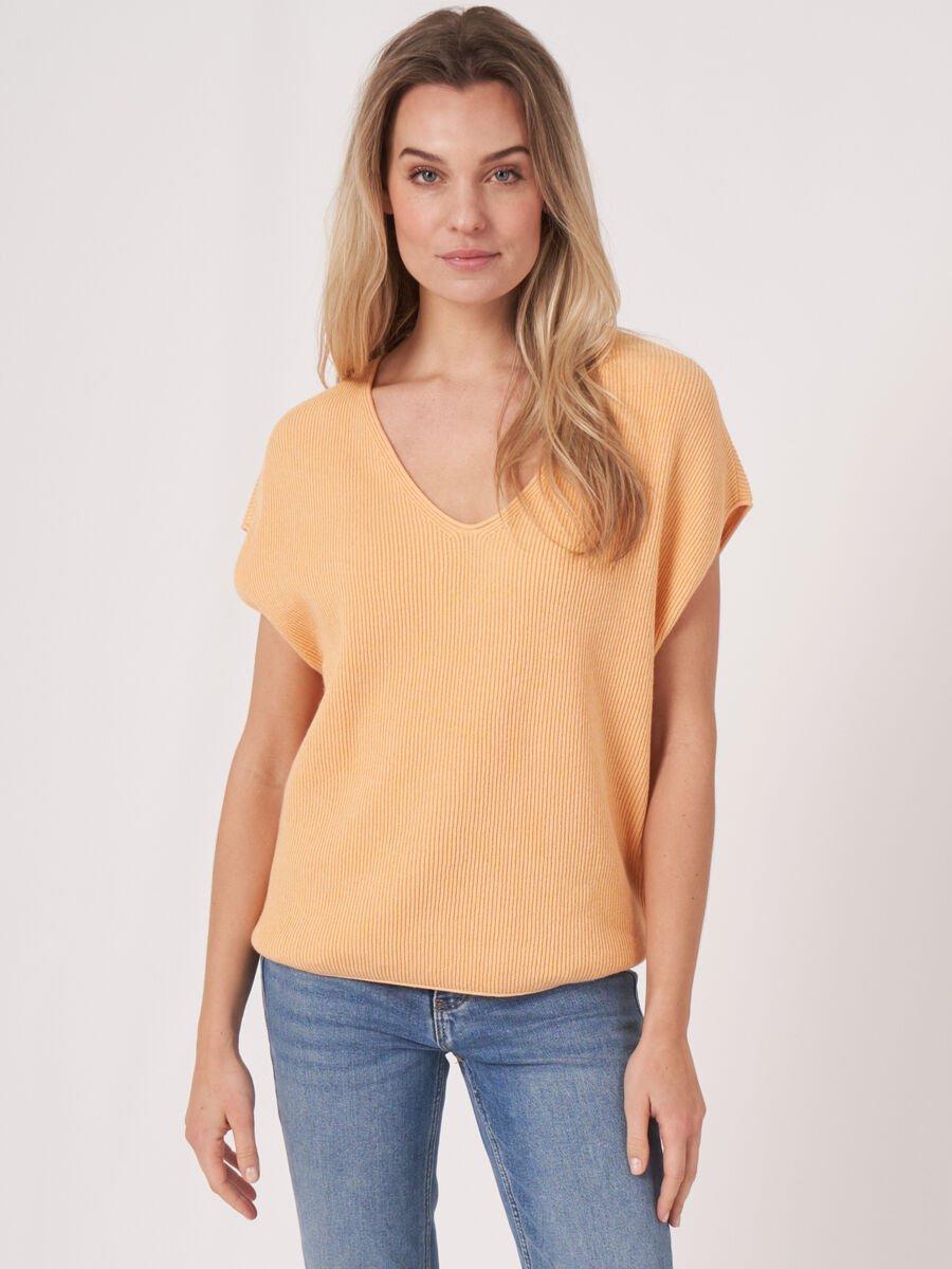 Repeat Cashmere Gebreide V-hals Top Met Fijne Ribtextuur Van Cashmere-katoenmix