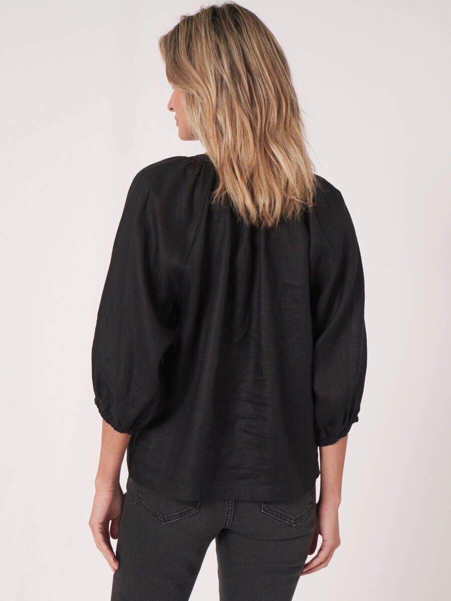 Repeat Cashmere Geknoopte Linnen Blouse Met Pofmouw
