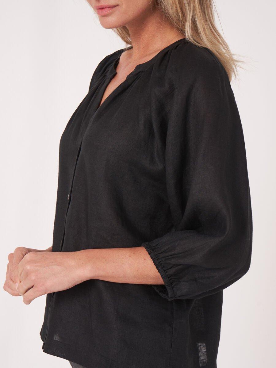 Repeat Cashmere Geknoopte Linnen Blouse Met Pofmouw