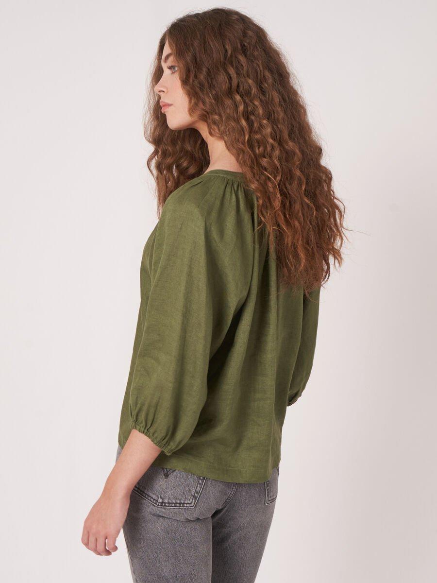 Repeat Cashmere Geknoopte Linnen Blouse Met Pofmouw