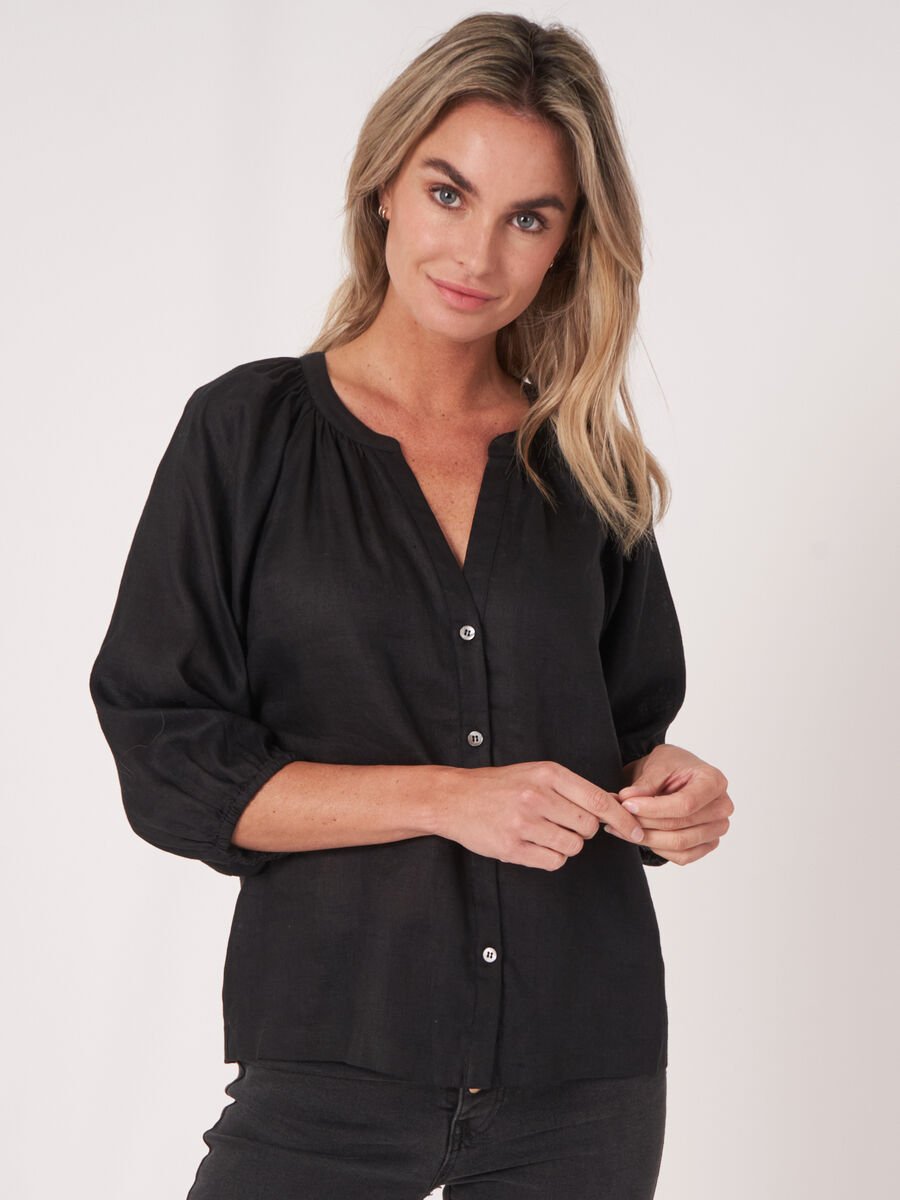 repeat cashmere Geknoopte linnen blouse met pofmouw