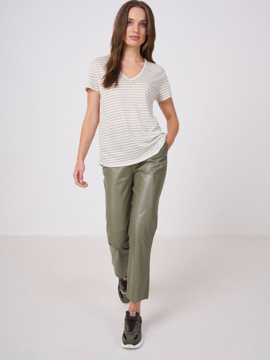 Repeat Cashmere Gestreept Linnen T-shirt Met Borstzak