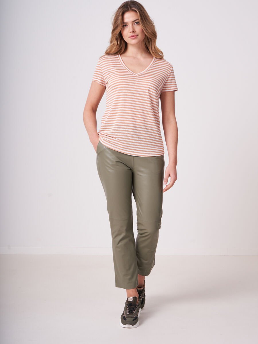 Repeat Cashmere Gestreept Linnen T-shirt Met Borstzak