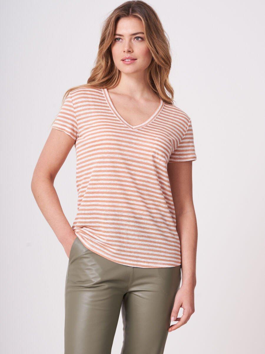 repeat cashmere Gestreept linnen T-shirt met borstzak