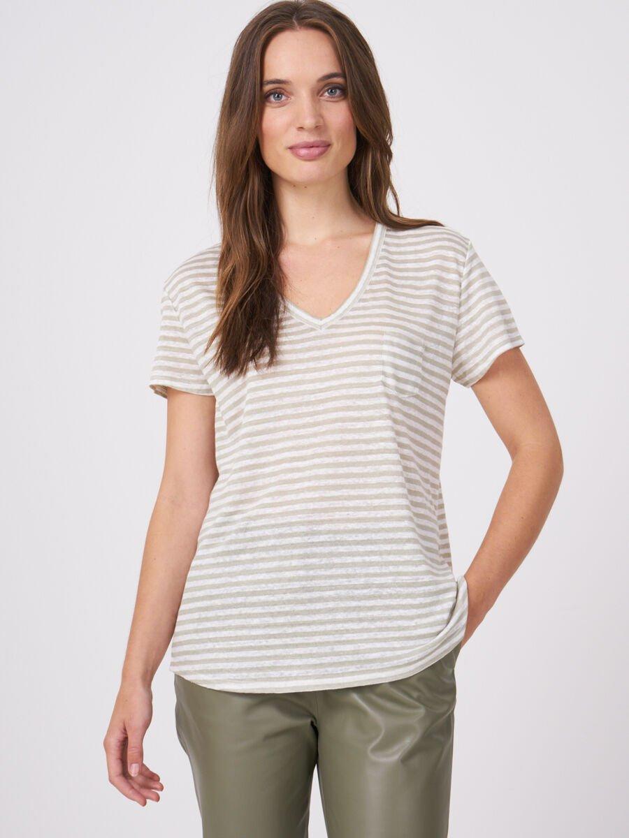repeat cashmere Gestreept linnen T-shirt met borstzak