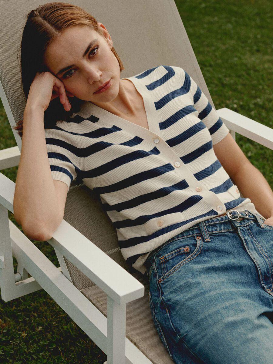 repeat cashmere Gestreept vest met korte mouw van cashmere en katoen