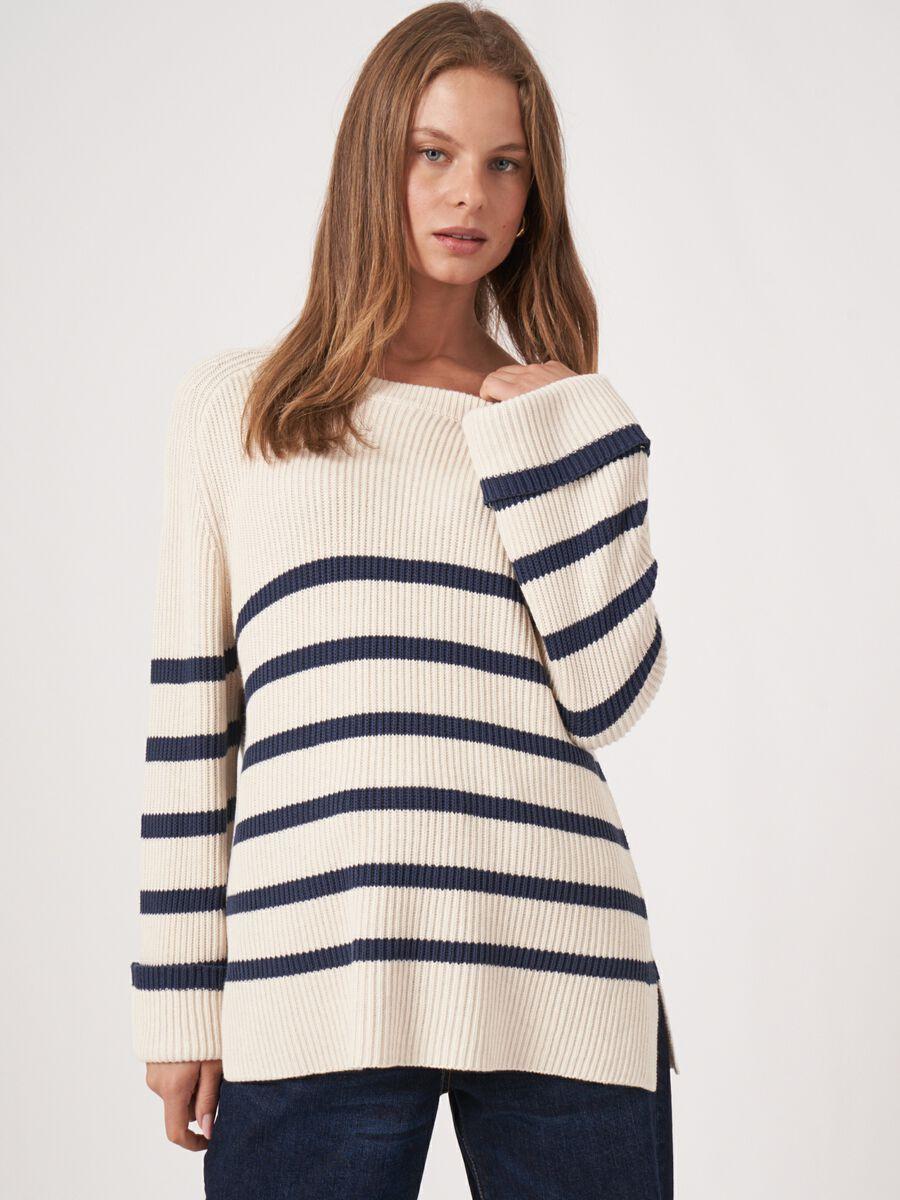 Repeat Cashmere Gestreepte A-lijn Trui Met Boothals En Trompetmouwen