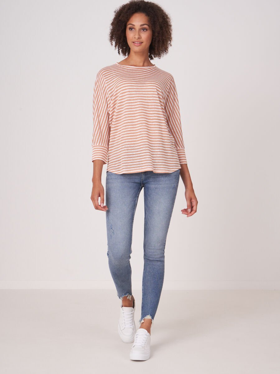 Repeat Cashmere Gestreepte Linnen Top Met 3/4 Vleermuismouwen