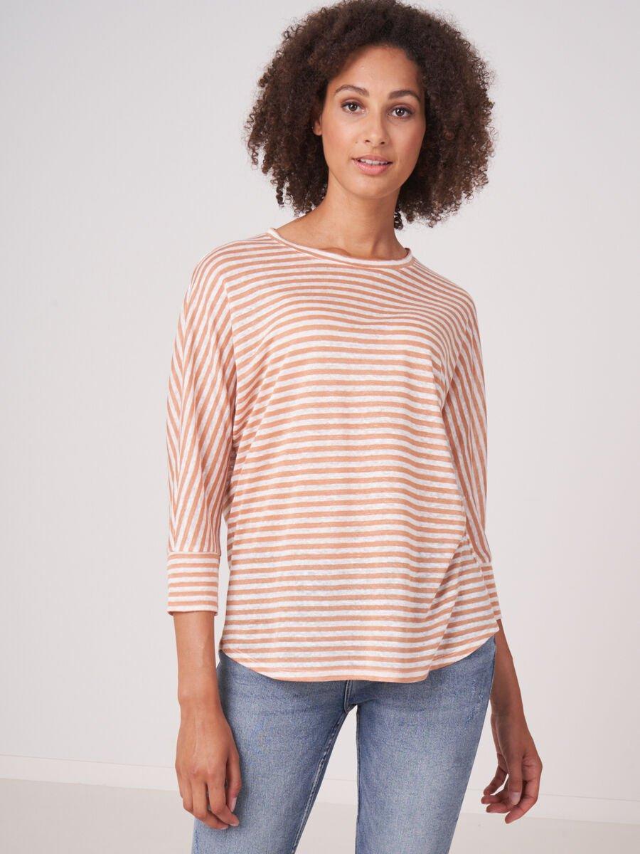 repeat cashmere Gestreepte linnen top met 3/4 vleermuismouwen