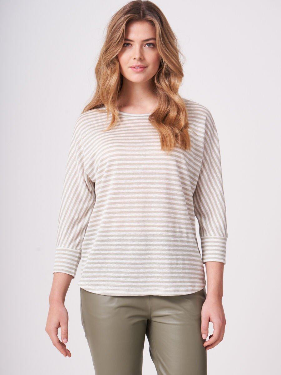 repeat cashmere Gestreepte linnen top met 3/4 vleermuismouwen
