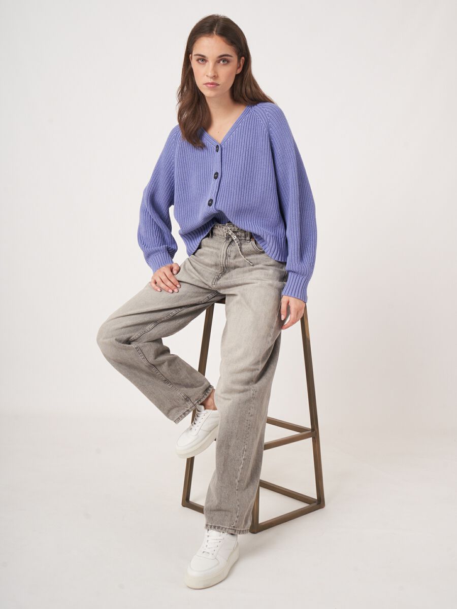 Repeat Cashmere Grof Ribgebreide Katoenen V-hals Cardigan