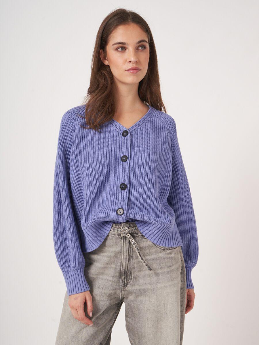 Repeat Cashmere Grof Ribgebreide Katoenen V-hals Cardigan