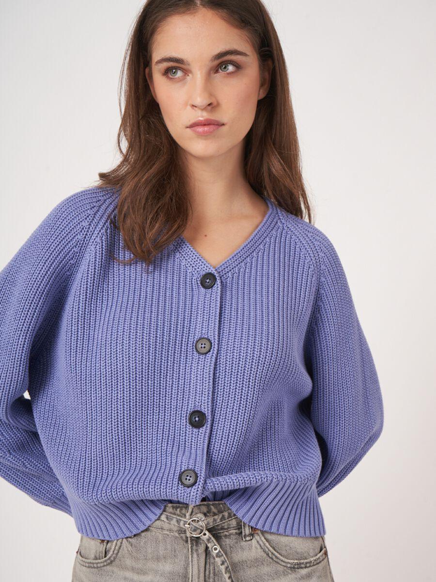 Repeat Cashmere Grof Ribgebreide Katoenen V-hals Cardigan