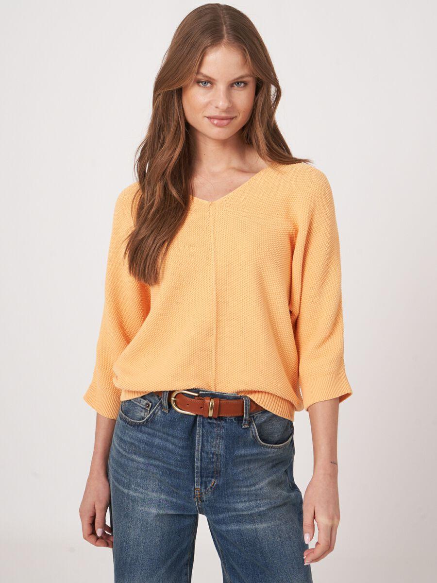 repeat cashmere Katoenen gebreide V-hals trui met structuur