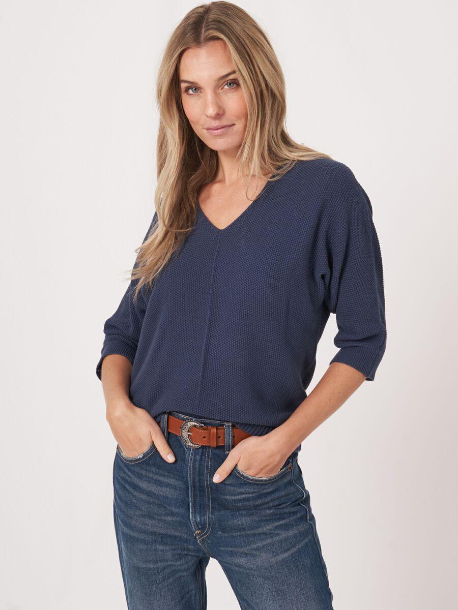 repeat cashmere Katoenen gebreide V-hals trui met structuur