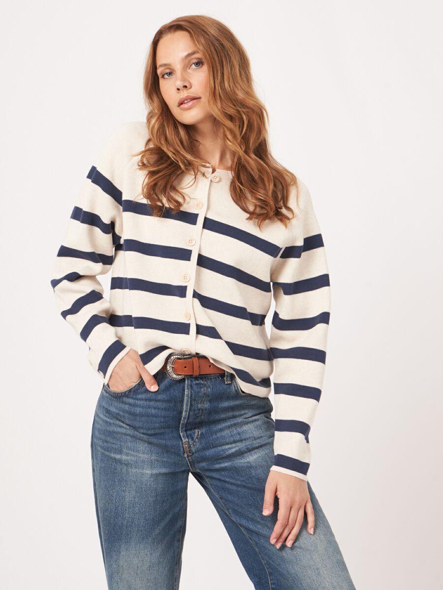 Repeat Cashmere Katoenen Gestreepte Cardigan Dubbelgebreid
