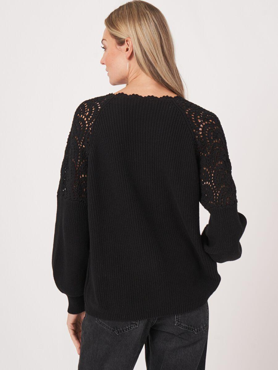 Repeat Cashmere Katoenen Pofmouw Trui Met Gehaakte Details