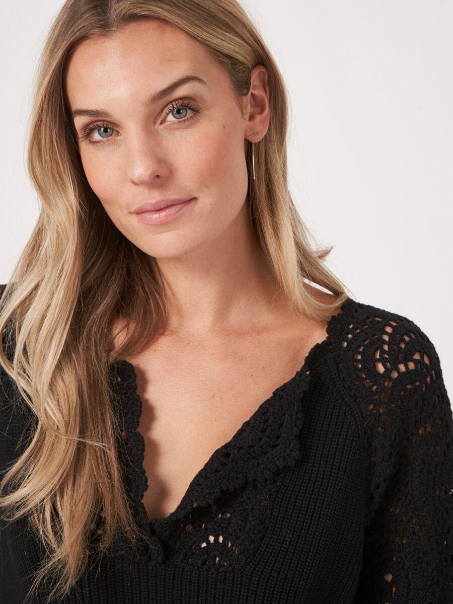 Repeat Cashmere Katoenen Pofmouw Trui Met Gehaakte Details