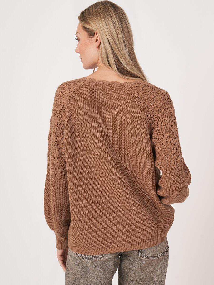 Repeat Cashmere Katoenen Pofmouw Trui Met Gehaakte Details