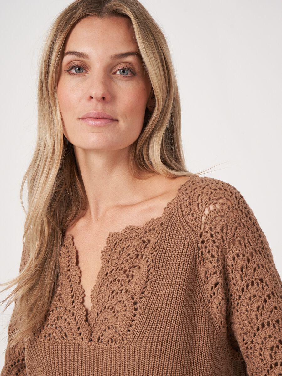 Repeat Cashmere Katoenen Pofmouw Trui Met Gehaakte Details