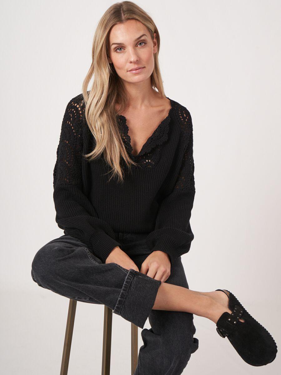 repeat cashmere Katoenen pofmouw trui met gehaakte details