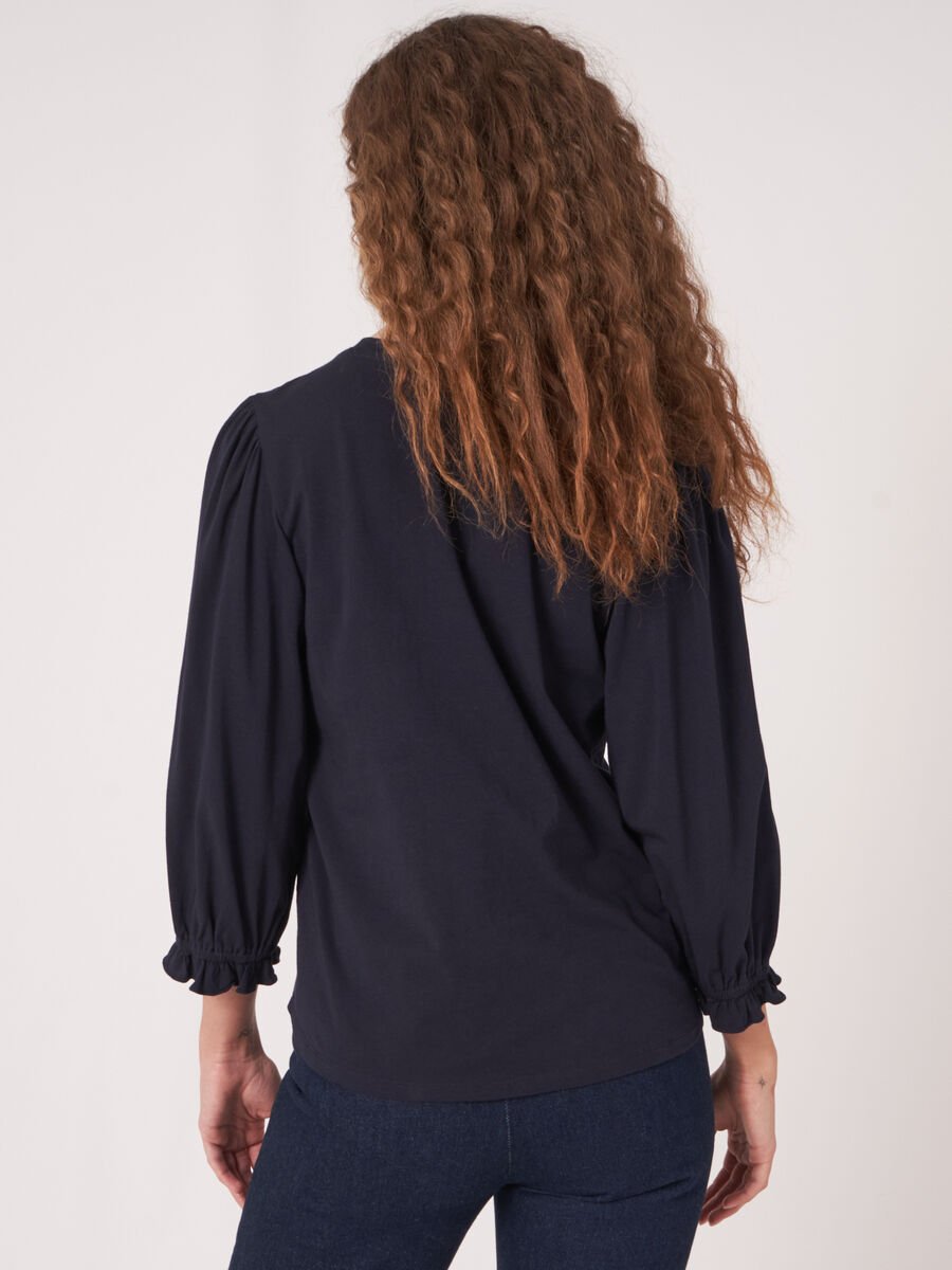 Repeat Cashmere Katoenen Stretch T-shirt Met 3/4-mouwen Met Ruche