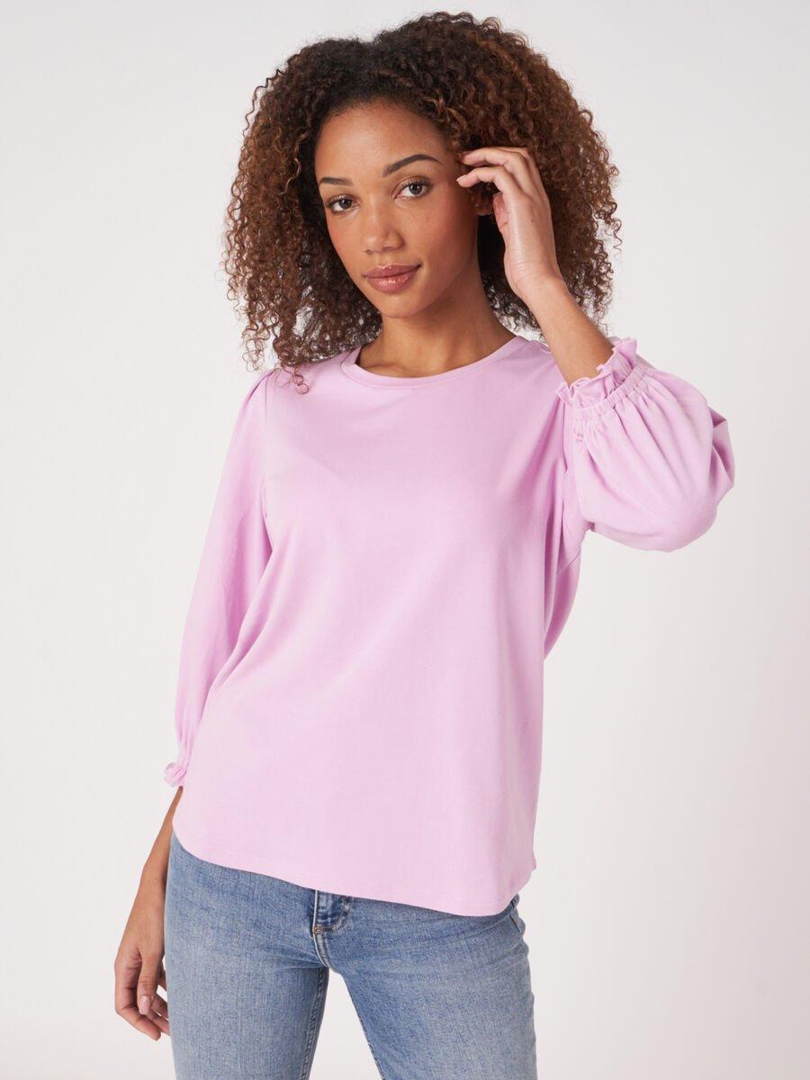 repeat cashmere Katoenen stretch T-shirt met 3/4-mouwen met ruche