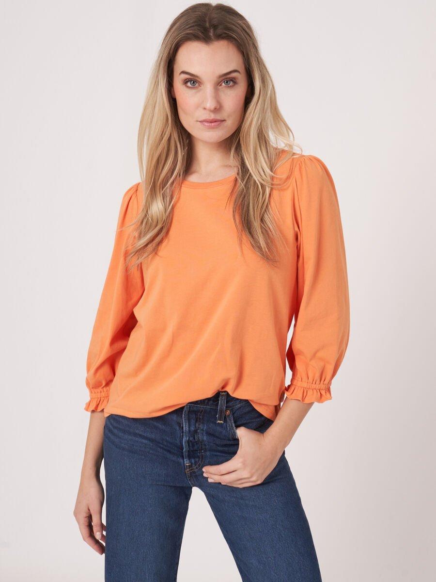 repeat cashmere Katoenen stretch T-shirt met 3/4-mouwen met ruche