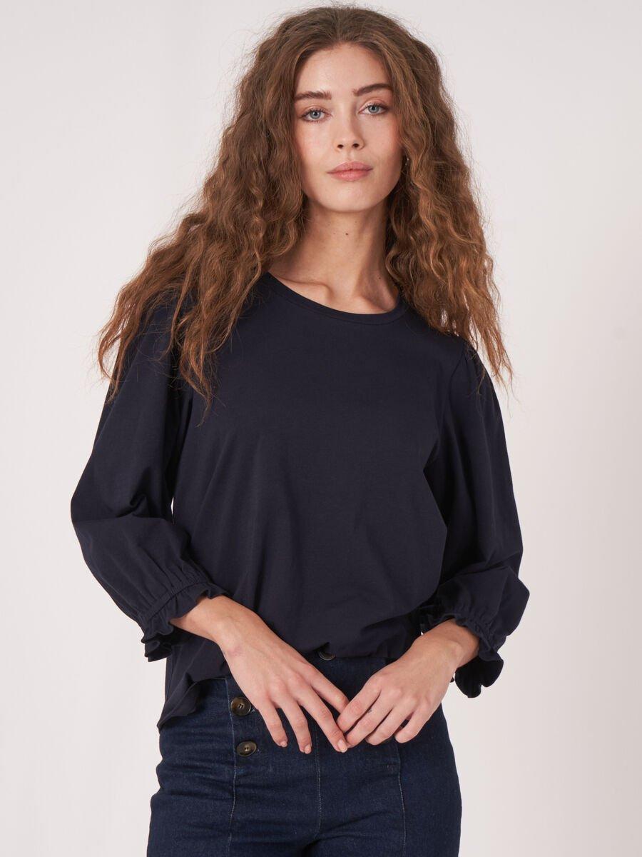 repeat cashmere Katoenen stretch T-shirt met 3/4-mouwen met ruche