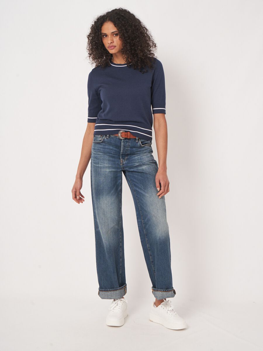 Repeat Cashmere Kort Mouw Trui Met Strependetail In Katoenmix