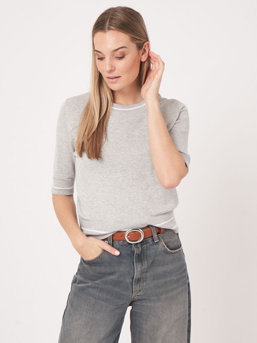 Repeat Cashmere Kort Mouw Trui Met Strependetail In Katoenmix