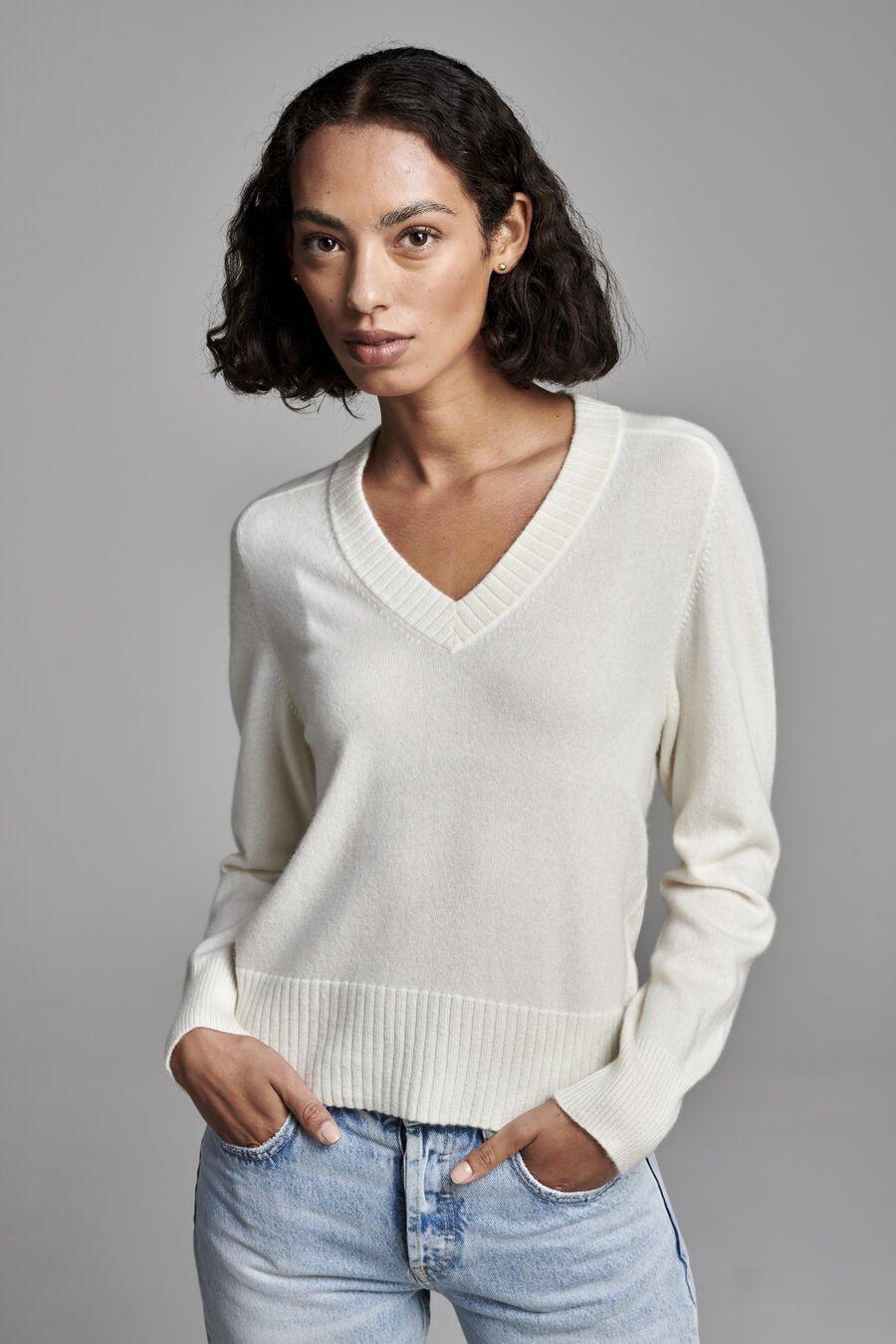 Repeat Cashmere Losse Cashmere V-hals Trui Met Geribde Details