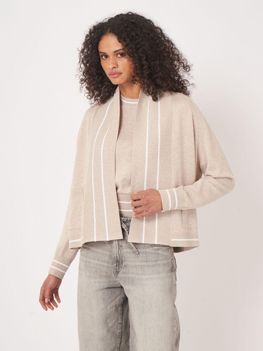 repeat cashmere Open vest met strependetail in katoenmix