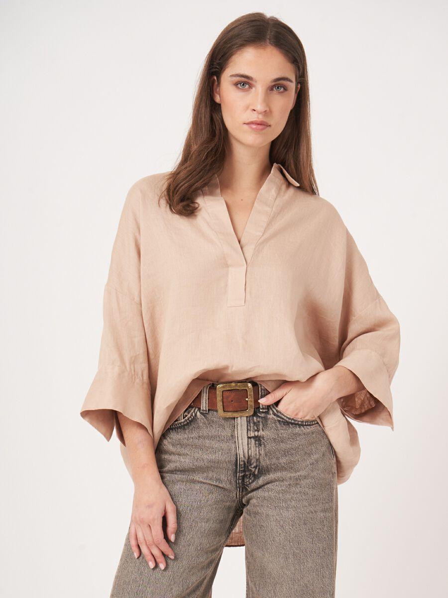 repeat cashmere Oversized linnen blouse met polokraag