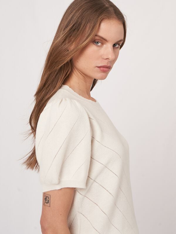 Repeat Cashmere Pointelle Cashmere Trui Met Korte Pofmouwen