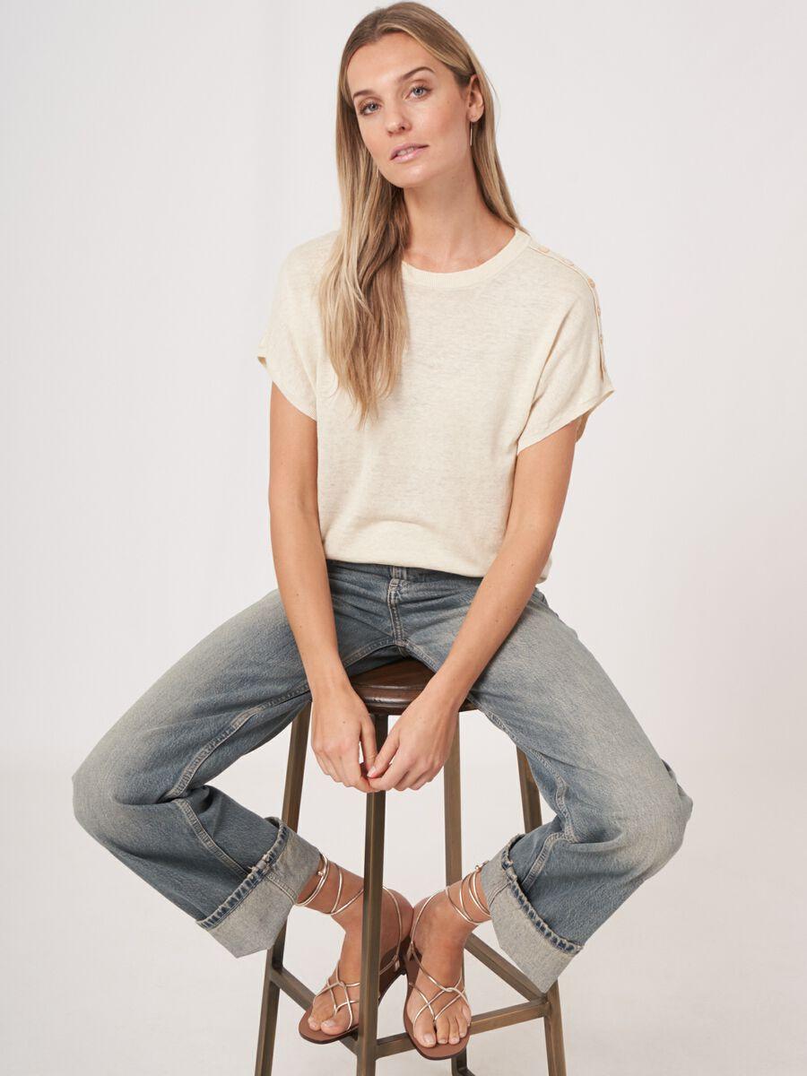 repeat cashmere Poncho gebreide zuiver linnen trui met knopen op schouder