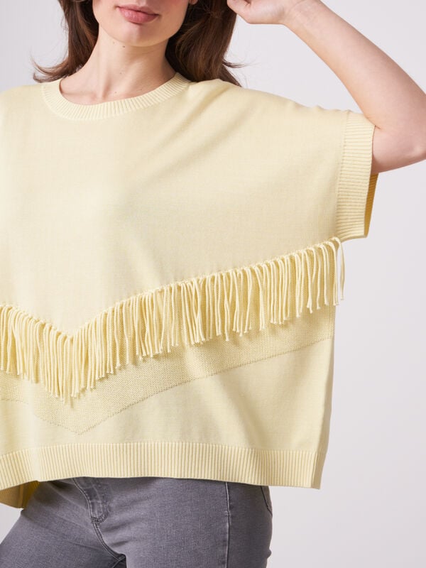 Repeat Cashmere Poncho-trui Van Katoen-mix Met Franjes Aan De Voorkant