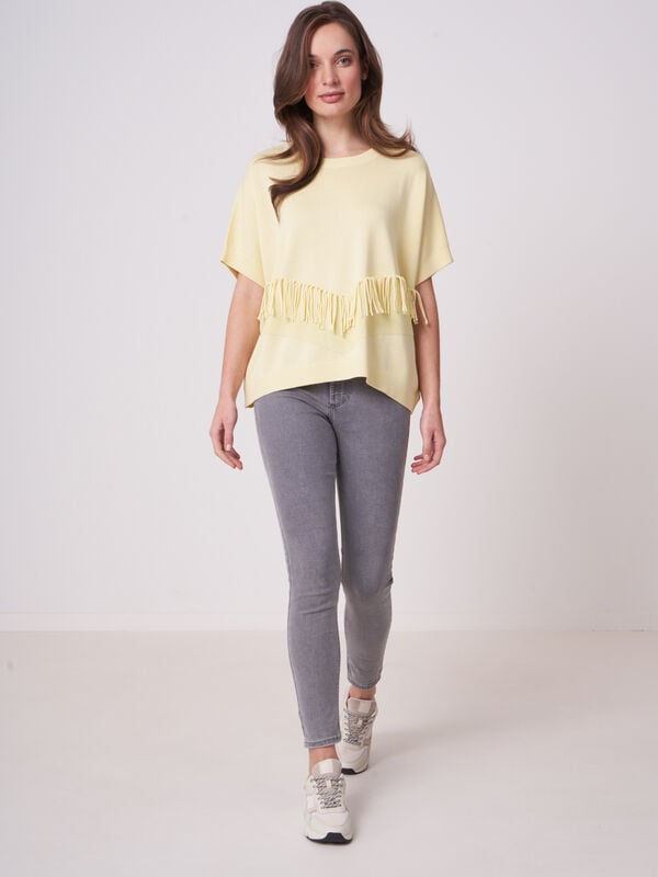 Repeat Cashmere Poncho-trui Van Katoen-mix Met Franjes Aan De Voorkant