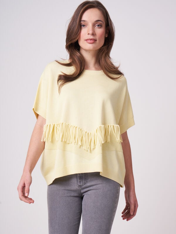 repeat cashmere Poncho-trui van katoen-mix met franjes aan de voorkant