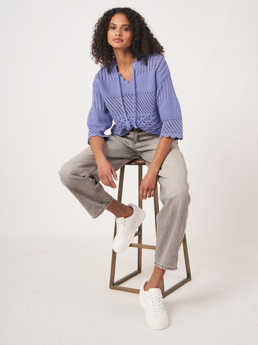 repeat cashmere Ajour trui met gehaakte details