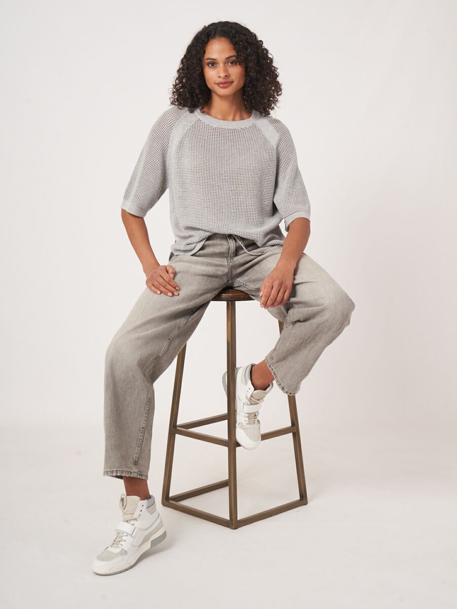 repeat cashmere Ajour trui met wijde korte mouwen
