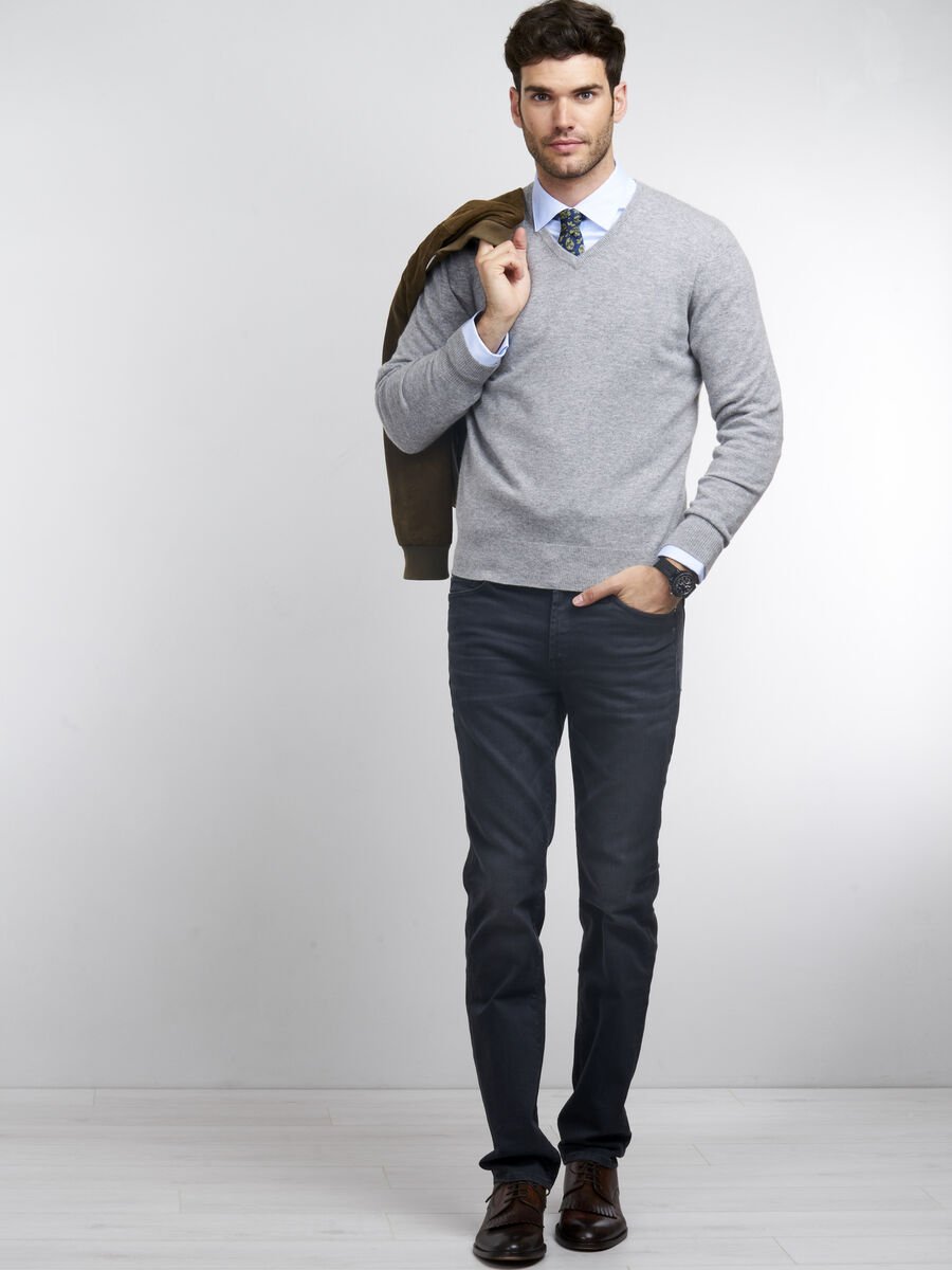 repeat cashmere Basic heren-trui met V-hals