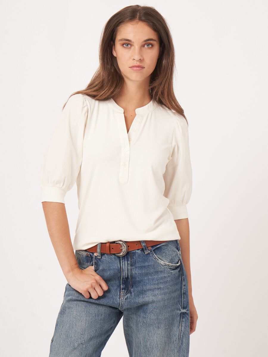 Repeat Cashmere Henley Top Met Korte Pofmouwen