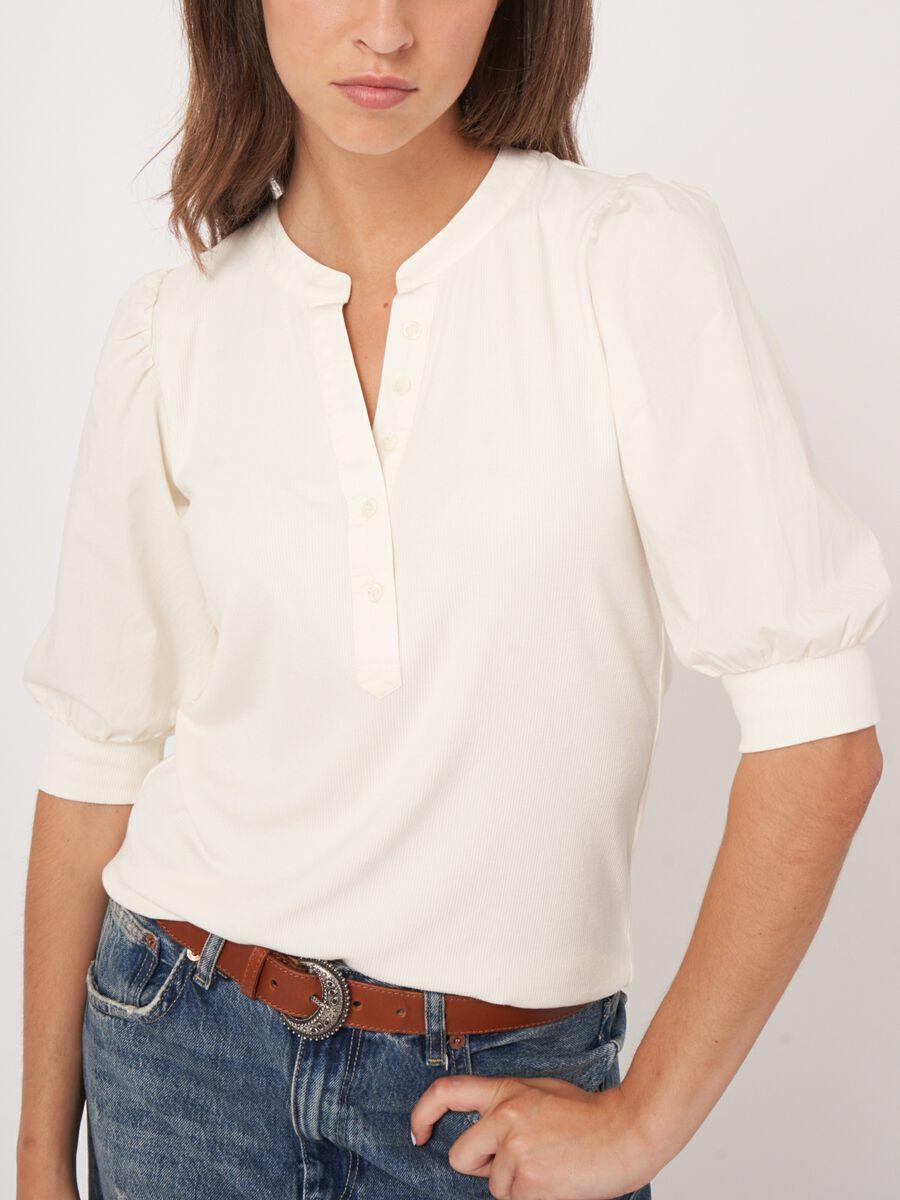 Repeat Cashmere Henley Top Met Korte Pofmouwen