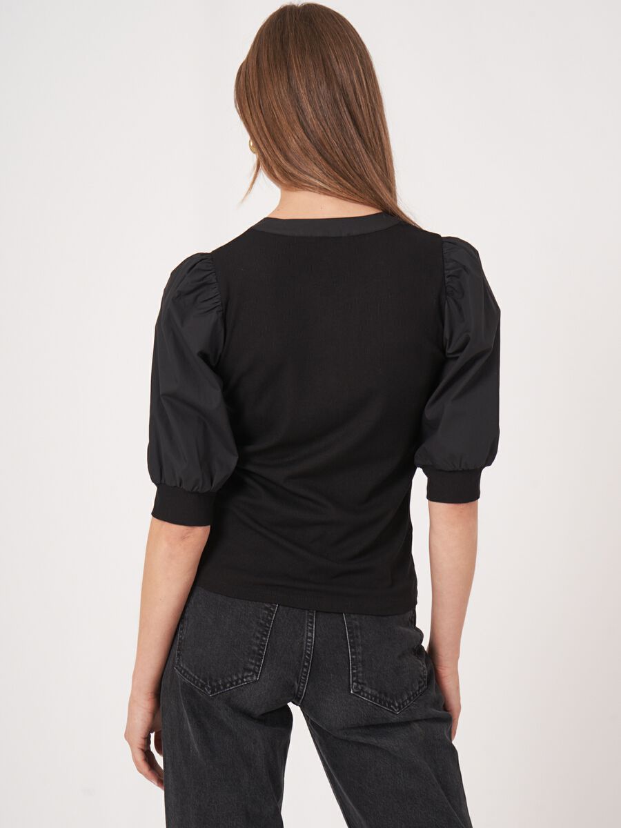 Repeat Cashmere Henley Top Met Korte Pofmouwen