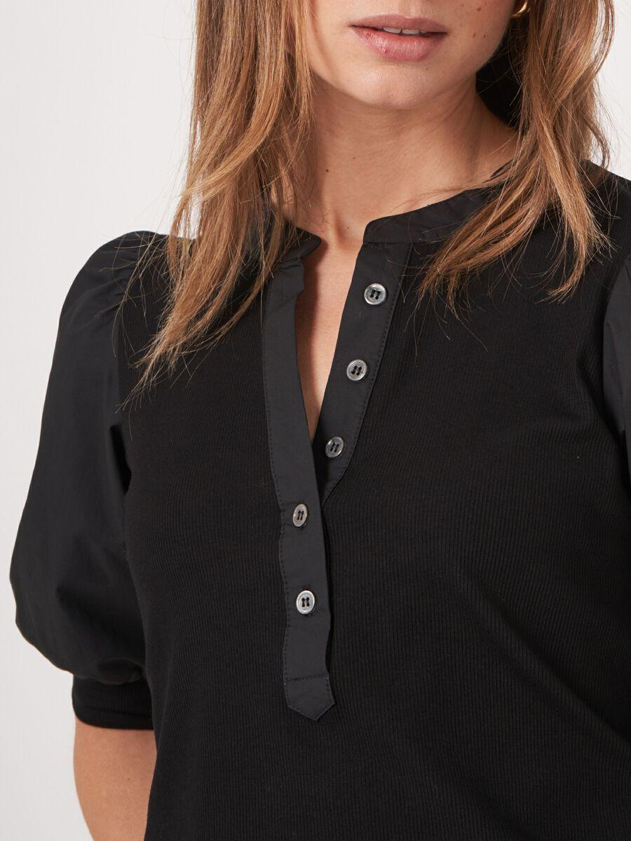 Repeat Cashmere Henley Top Met Korte Pofmouwen
