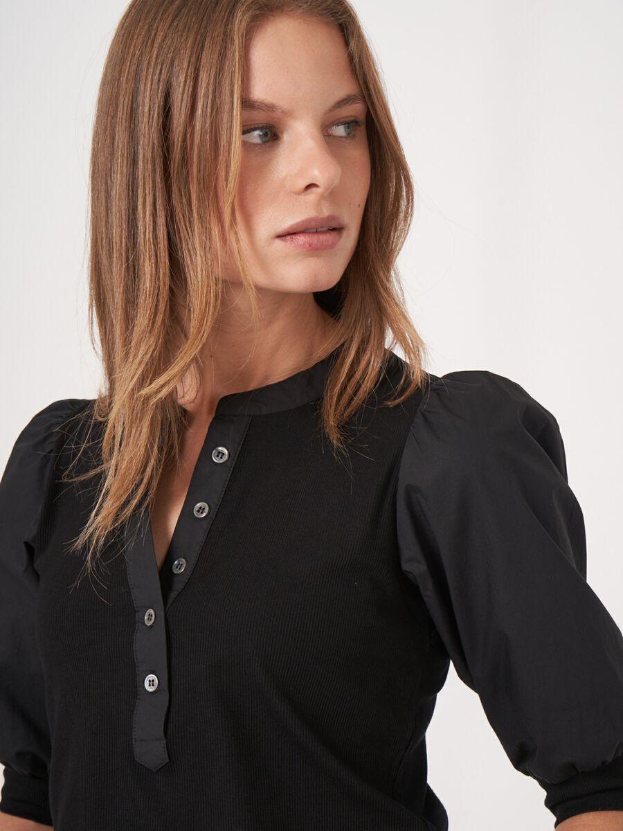 Repeat Cashmere Henley Top Met Korte Pofmouwen