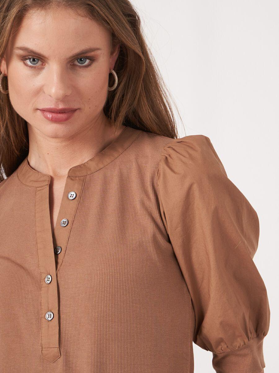 Repeat Cashmere Henley Top Met Korte Pofmouwen